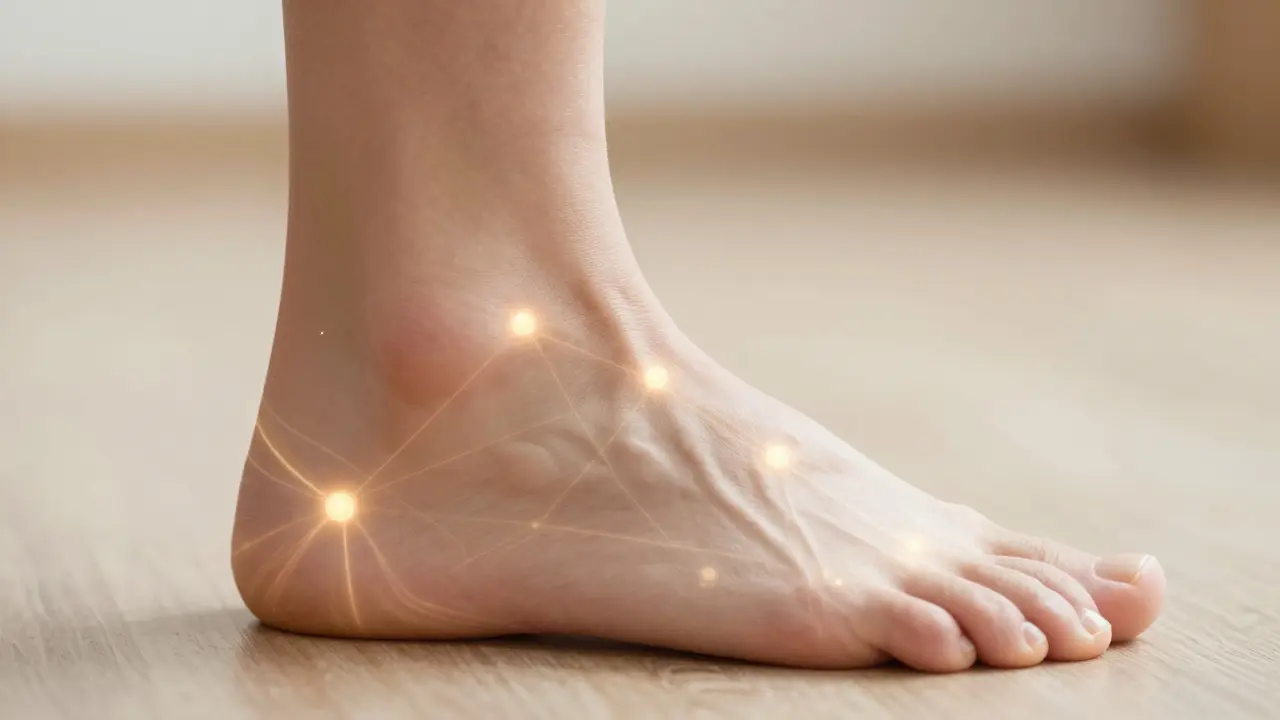 Blízký pohled na nohu s označenými reflexologickými body a jemným zářivým efektem spojujícím body s orgány.