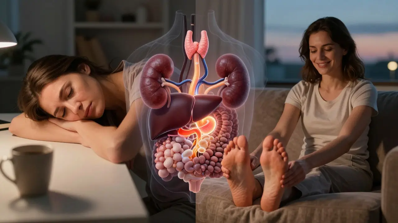 Dvě strany jednoho obrazu: unavená žena vpravo, klidně masírující nohy vlevo, symbolizující změnu z únavy k obnově.