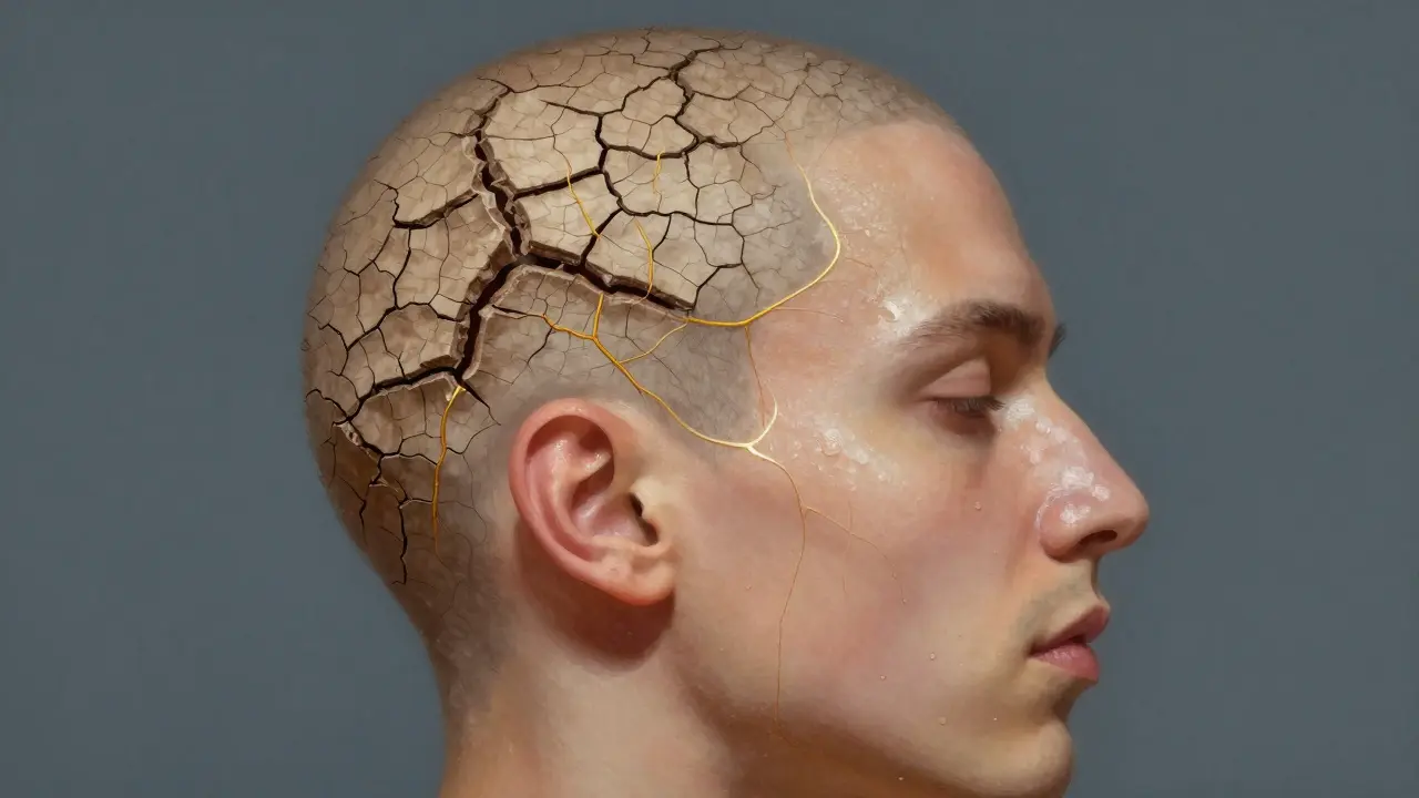 Dvě strany kůže hlavy: suchá a hydratovaná, spojené krevními tokem.