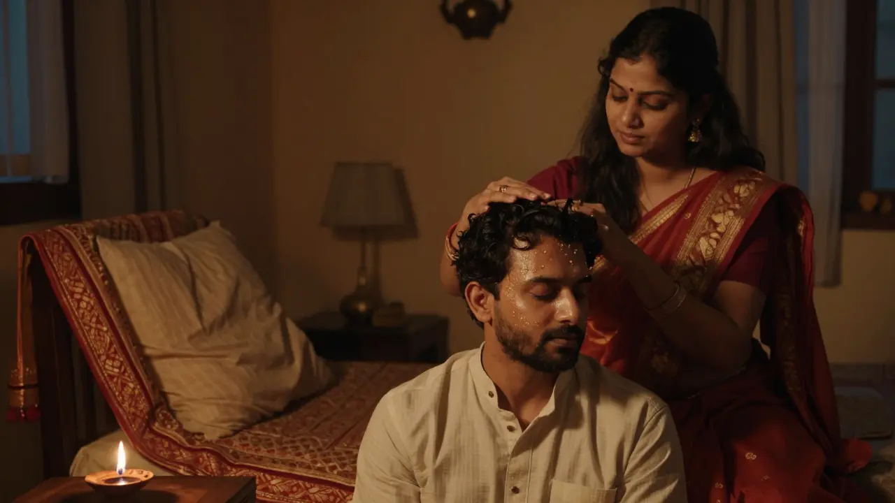 Dvojice si navzájem masíruje hlavu ve večerní klidné pohodě.