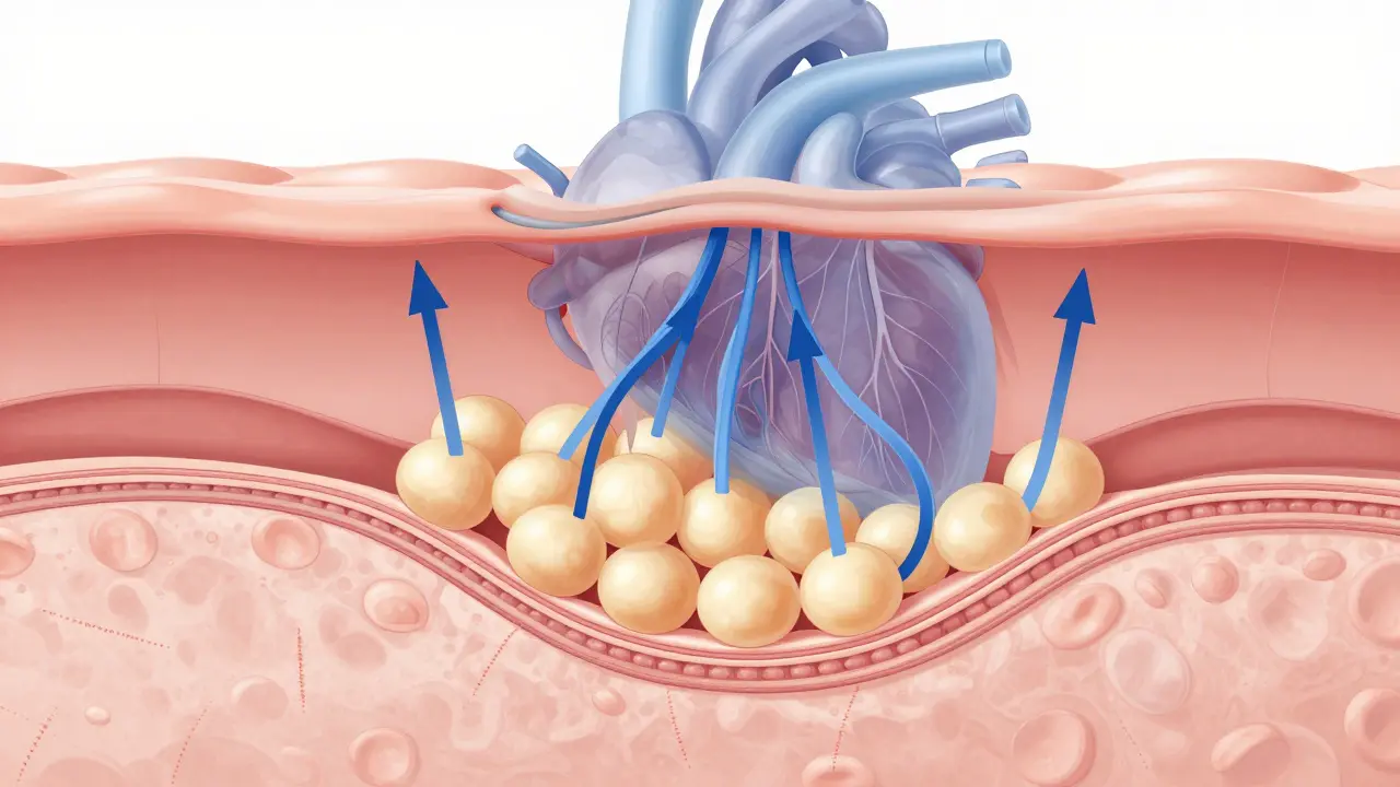 Křížový řez tkáně ukazující tukové buňky a lymfatický odtok směrem k srdci.