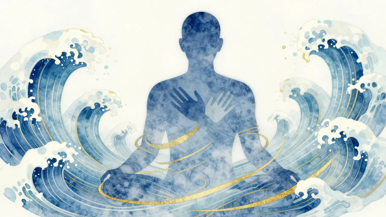 Lidský tvar obklopený proužky modré a zlaté energie, které ho celý obklopují, symbolizující uvolnění a plynulý tok.