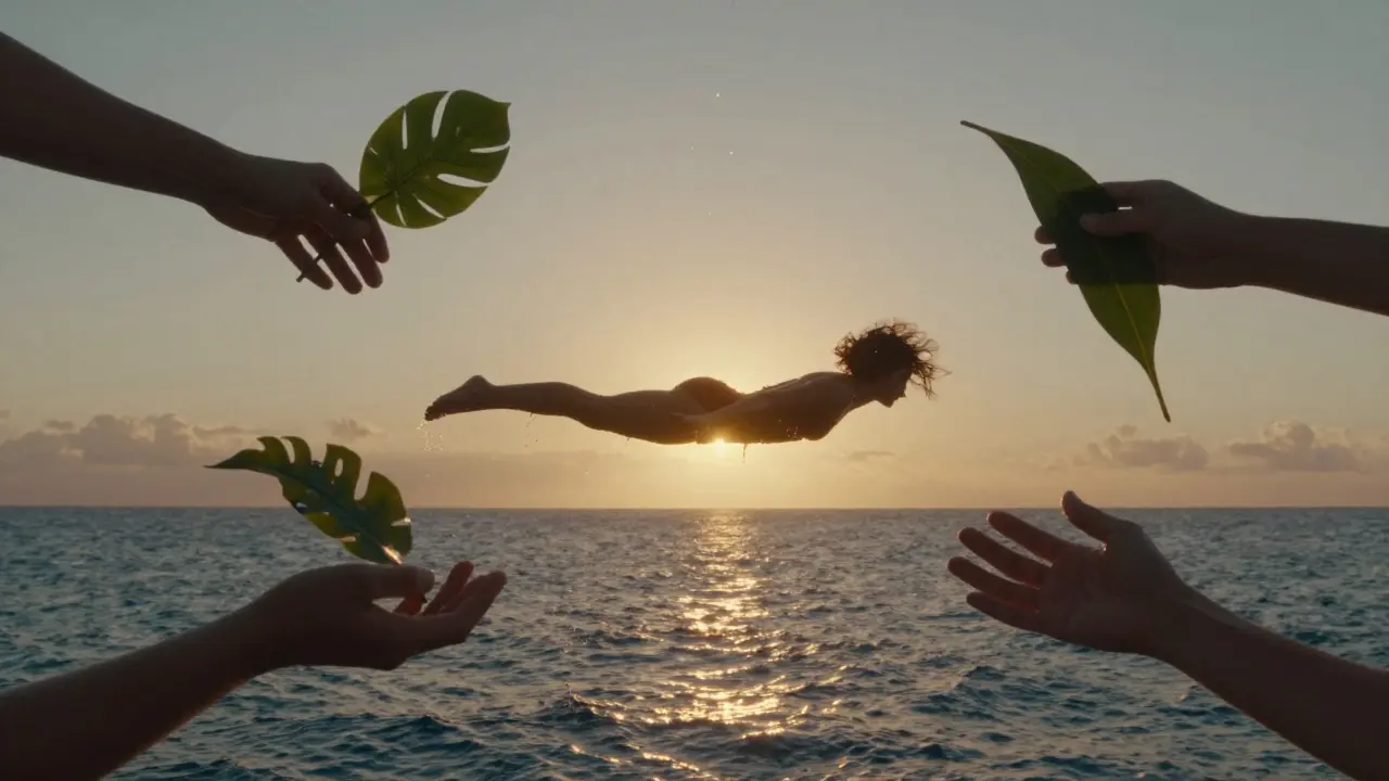 Osoba plave nad oceánem při západu slunce, obklopena vodními a listovými rukama, svítí zlatou energií.