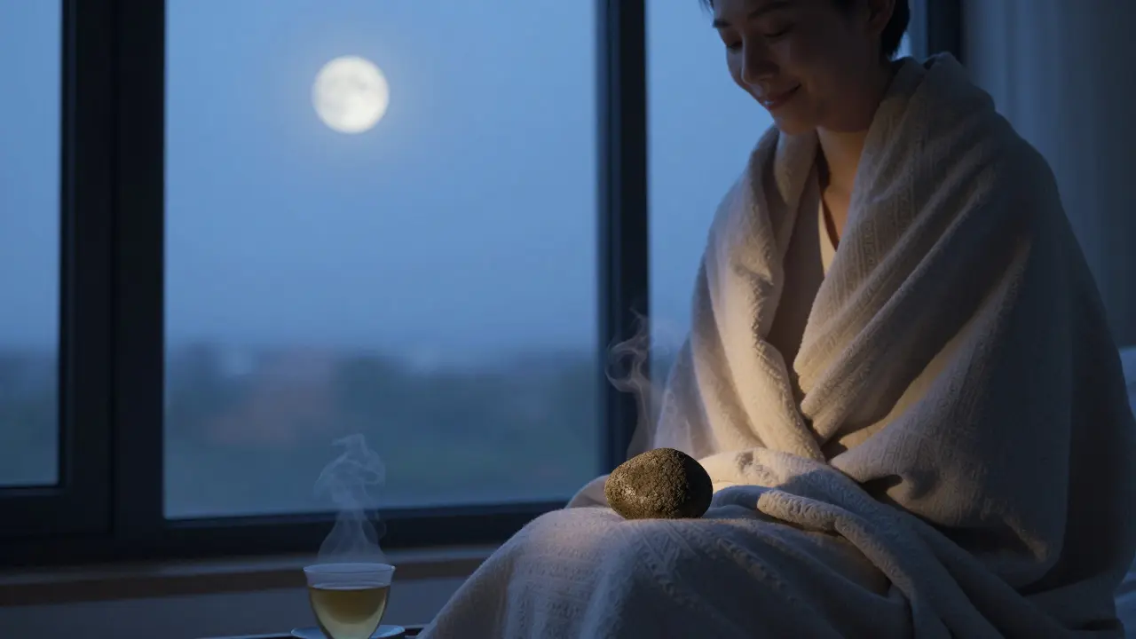 Osoba sedící u okna v šálu s lávovým kamenem na klíně při západu slunce.