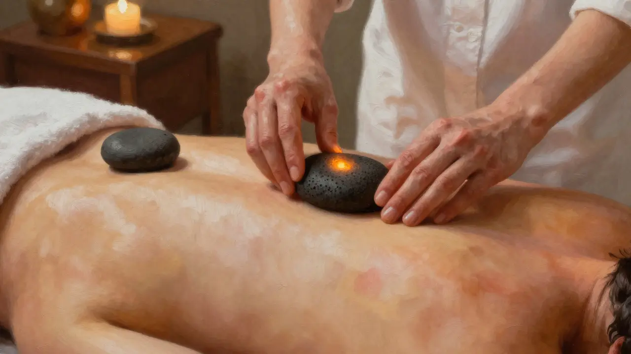 Ruce terapeuty pohybující se s teplým lávovým kamenem po zádech s jemným zčervenáním kůže.