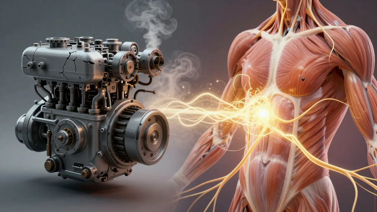 Symbolický obraz napnutého těla vs. obnovovaného těla s zlatým světlem.