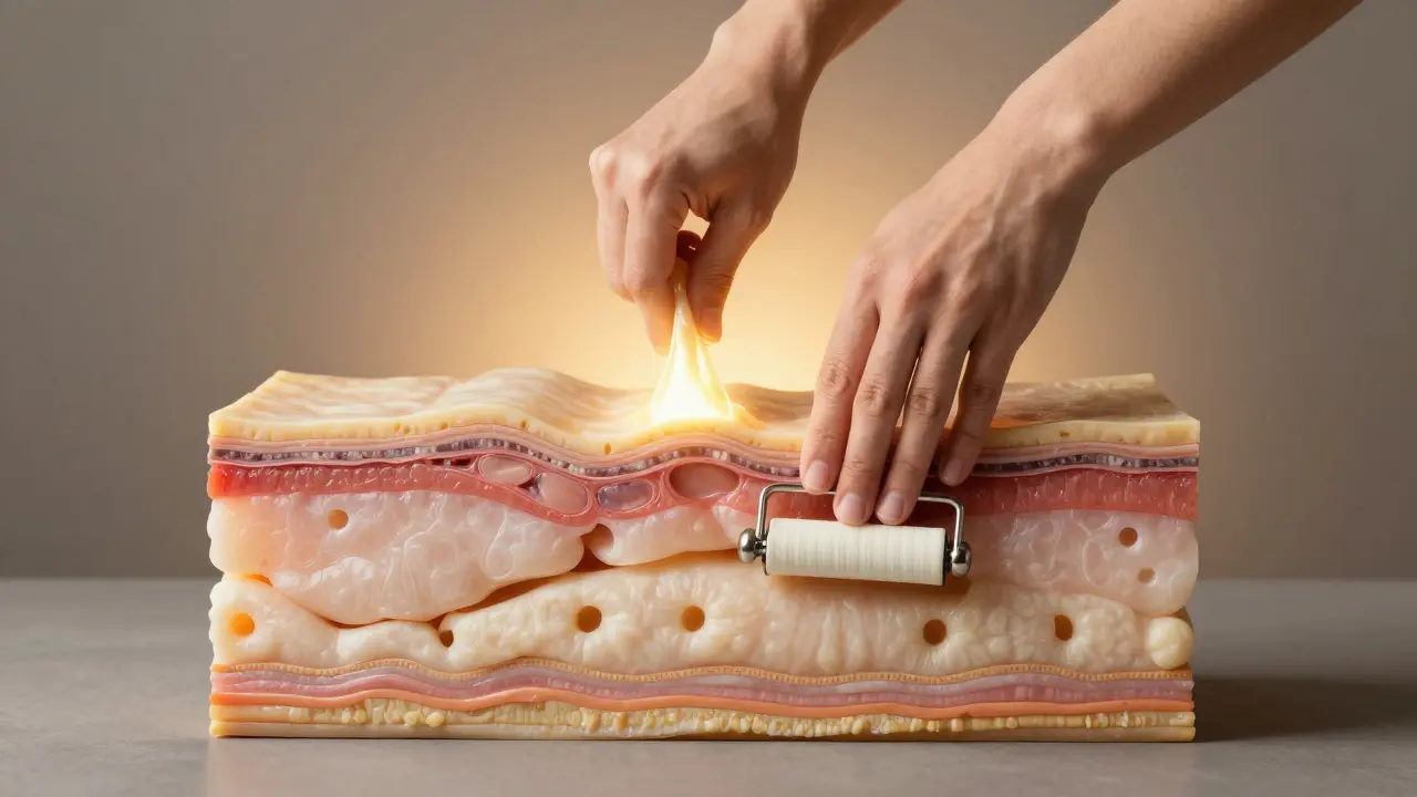 Tři vrstvy těla — kůže, tuk a pojivová tkáň — jsou uvolňovány ruční masáží.