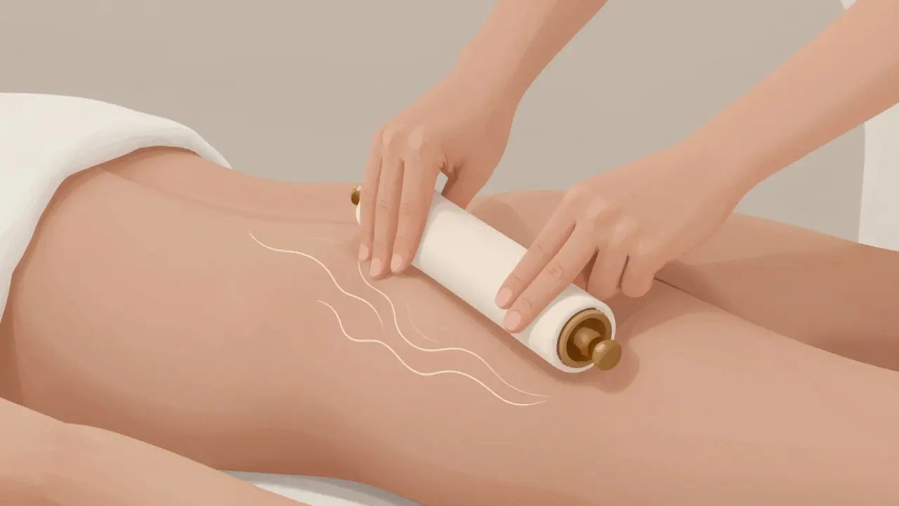 Žena používá techniku rolling na boku, přetahující kůži mezi prsty a dlaněmi.