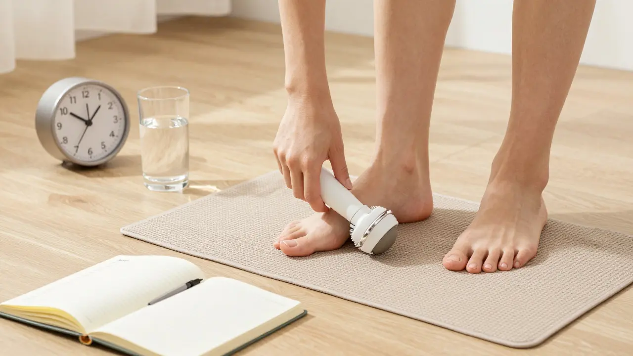 Žena používá valčík na nohu ráno, vedle ní voda a deník s kontrolním seznamem.