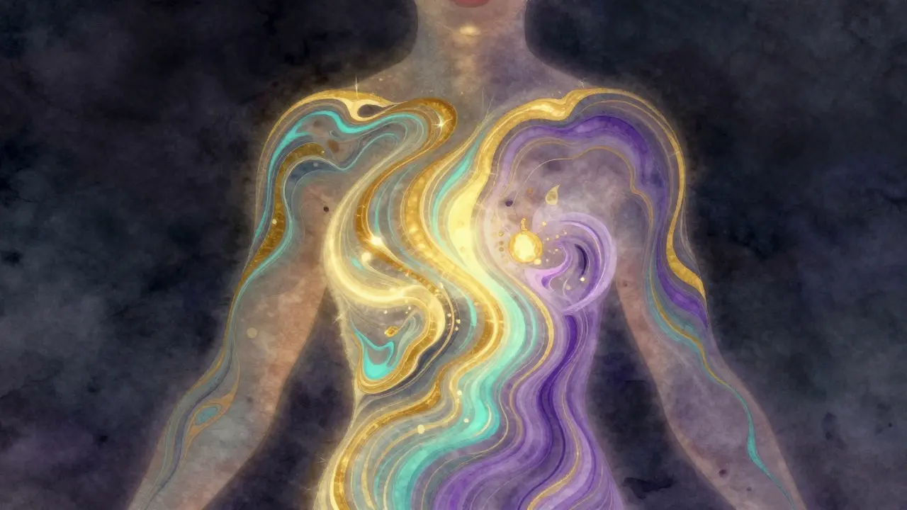 Abstraktní znázornění proudu barevné energie protékající lidským tělem.