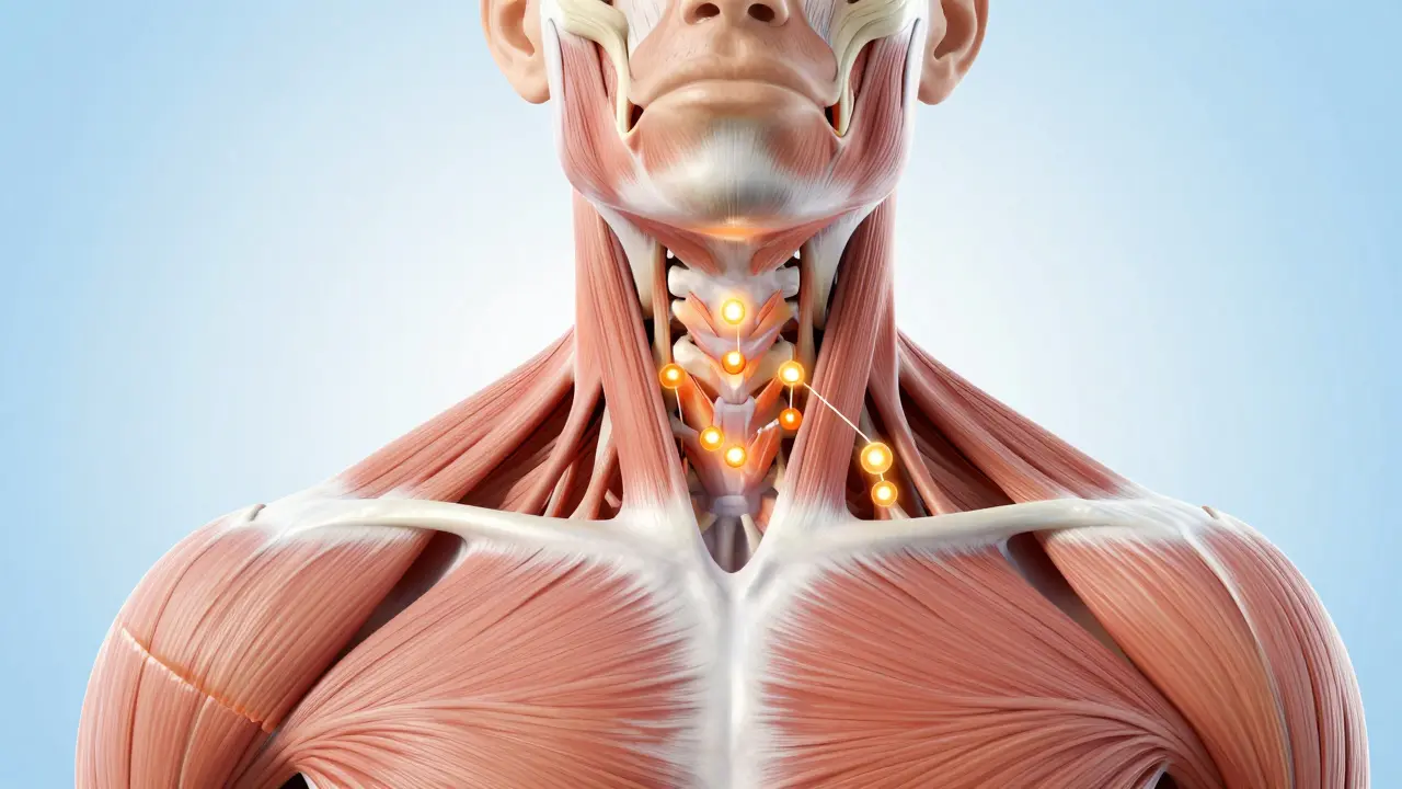 Anatomické znázornění svalů krku a ramen s vyznačenými bolestivými trigger pointy.