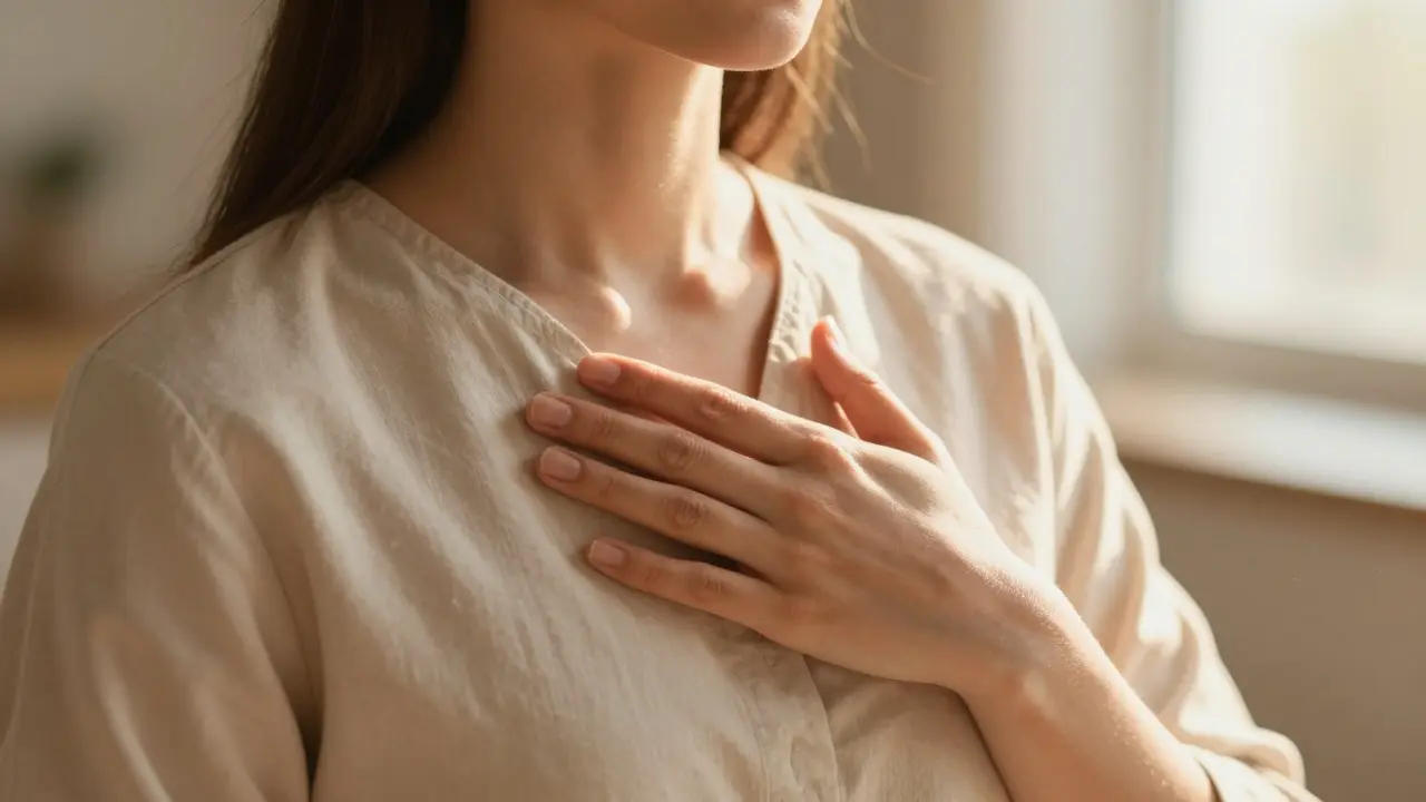 Detail ruky na hrudníku člověka v hlubokém relaxu a meditaci.