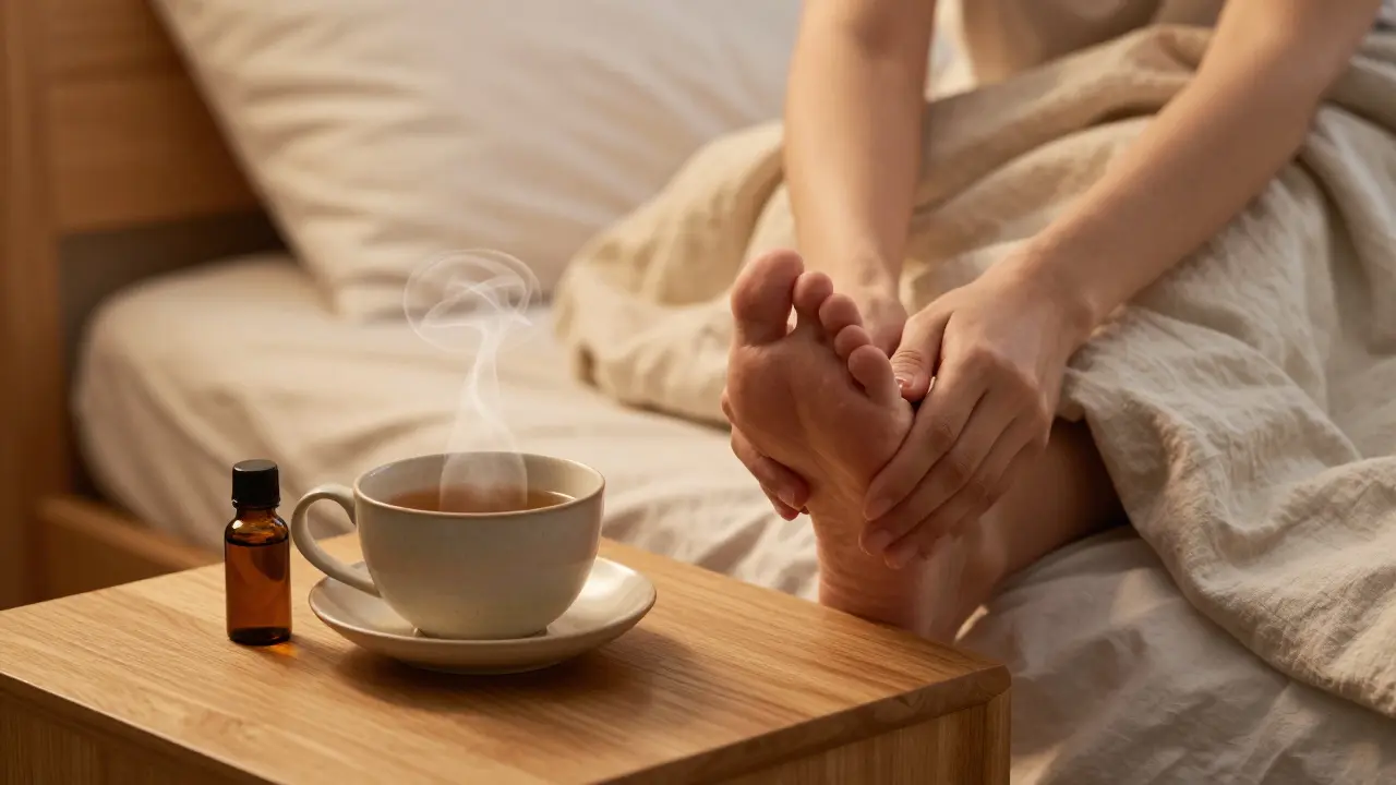 Klidné večerní rituály s bylinkovým čajem a samomasáží nohou v ložnici.