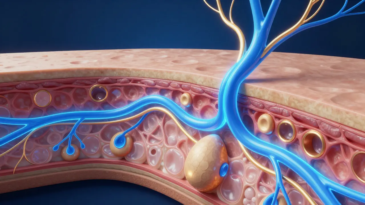 konceptuální ilustrace lymfatického proudění v tkáních kůže