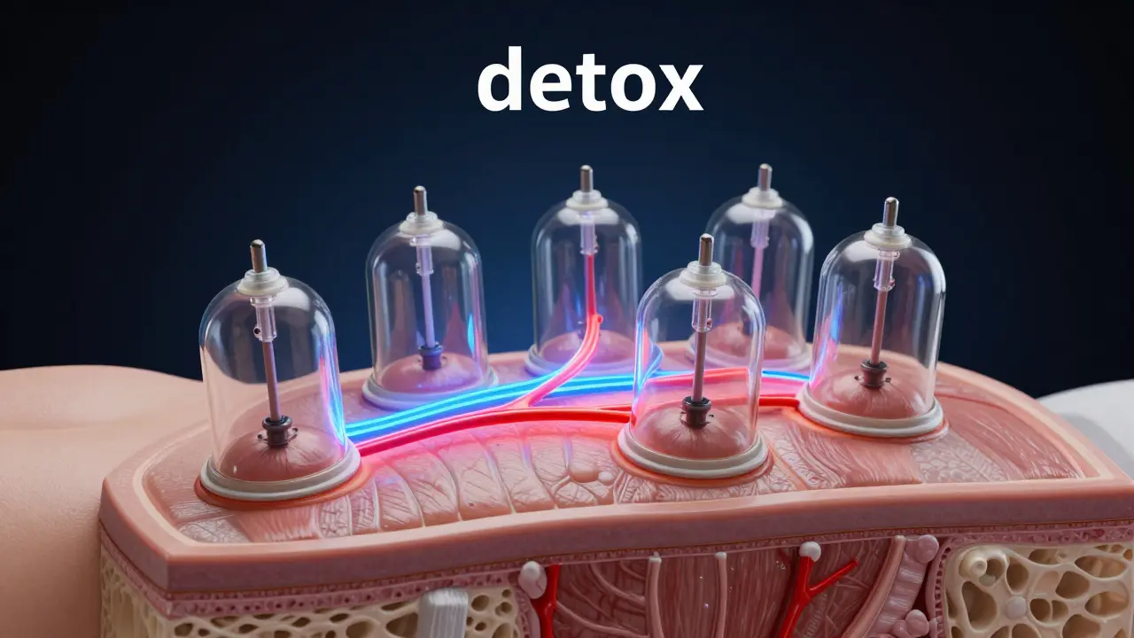 Konceptuální ilustrace průtoku krve a lymfy v tkáních během baňkování.