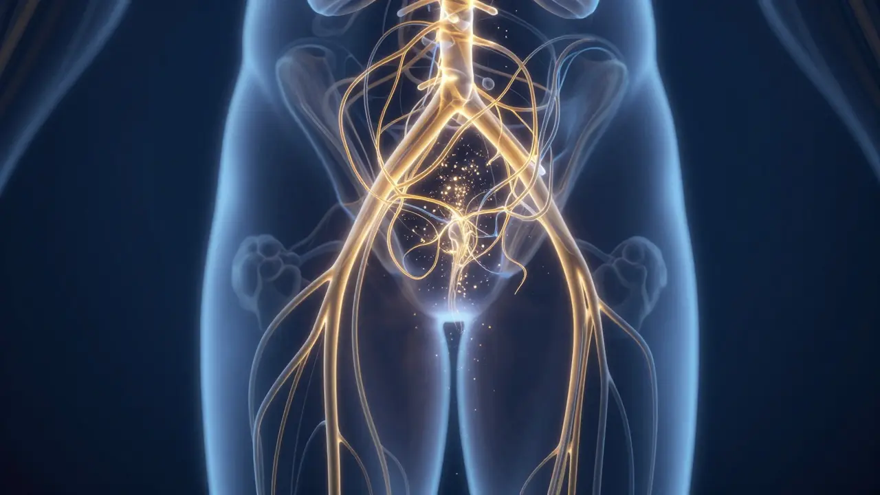 Konceptuální znázornění lymfatického systému v noze s proudem světla.