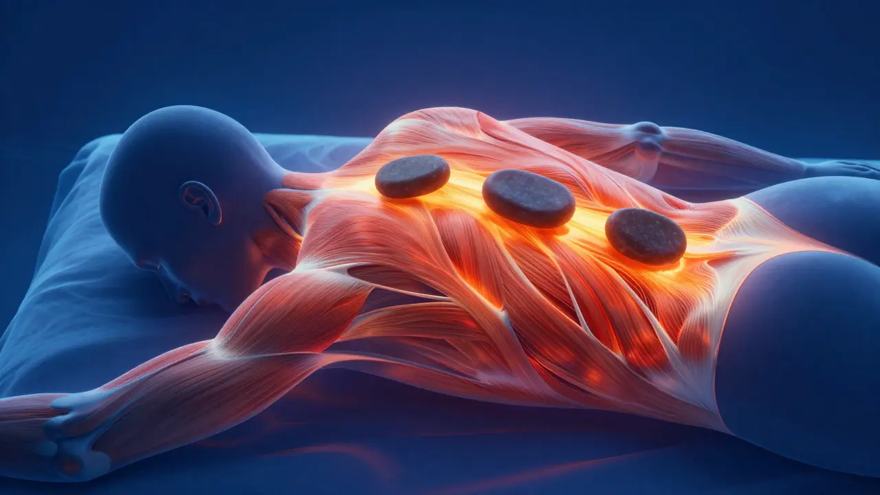 Konceptuální zobrazení tepla pronikajícího do svalů a uvolňujícího napětí.