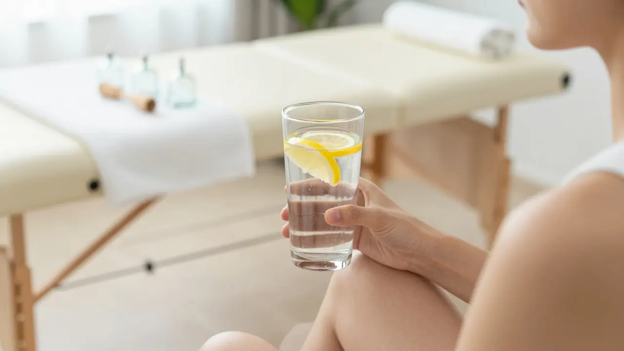 Osoba pijící vodu po masážním baňkování pro podporu detoxikace.