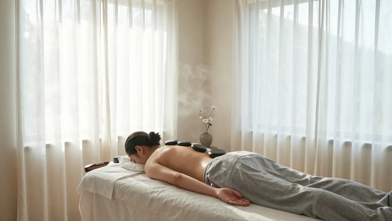 Osoba v hluboké relaxaci během rituálu s horkými kameny v minimalistickém spa.