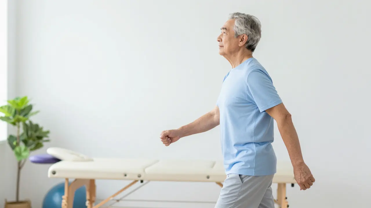 Senior s výrazem úlevy při chůzi v fyzioterapeutické klinice.