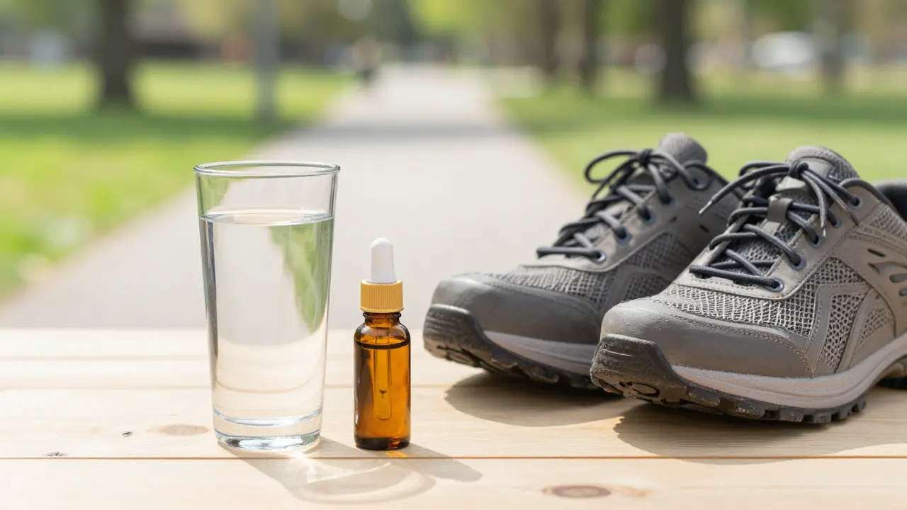 Sklenice vody, walking boty a masážní olej na dřevěném stole.