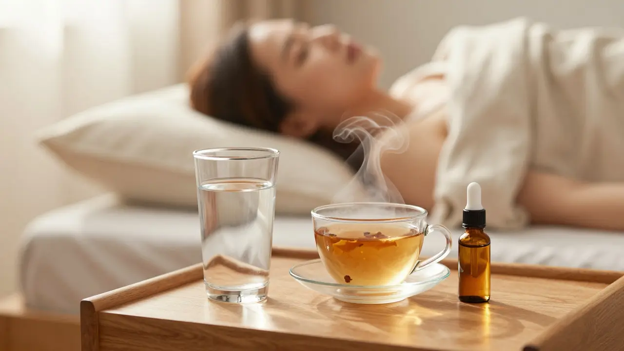 Stále teplý čaj a sklenice vody jako součást regenerace po masáži.