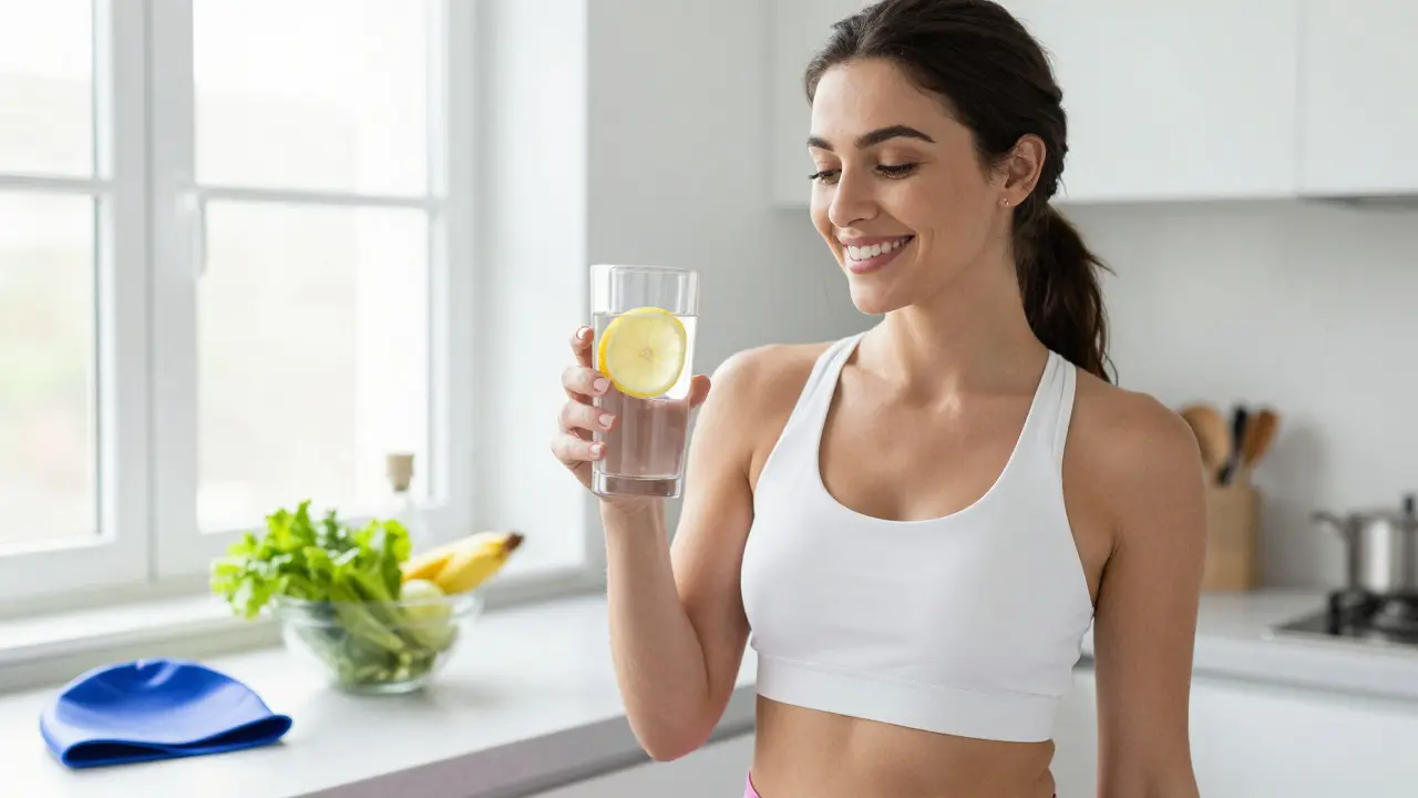 žena pijící vodu s citronem v moderní kuchyni