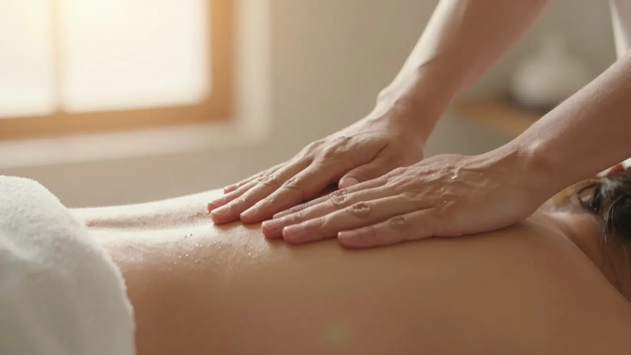 Detail rukou při jemné holistické masáži v měkkém světle
