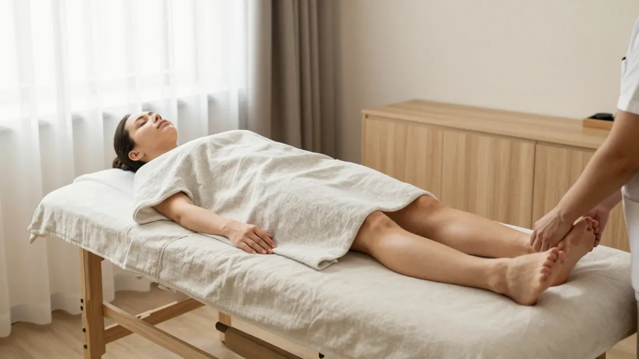 Relaxující osoba na masážním stole v moderní wellness klinice