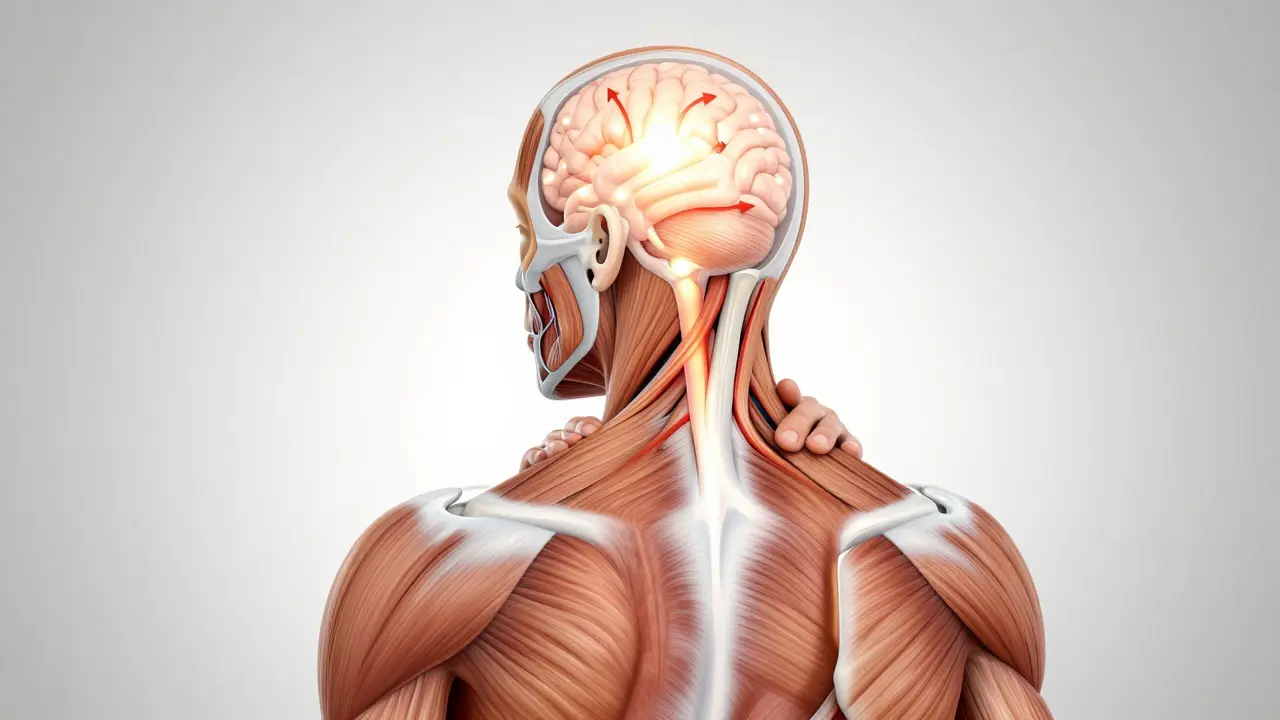 Anatomická ilustrace ukazující uvolnění spouštěcích bodů a zlepšení prokrvení mozku