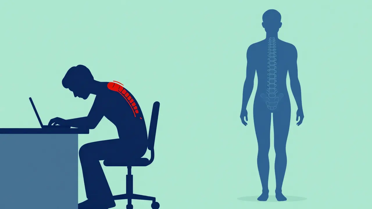 Konceptuální obrázek porovnávající špatné držení těla a správnou rehabilitaci