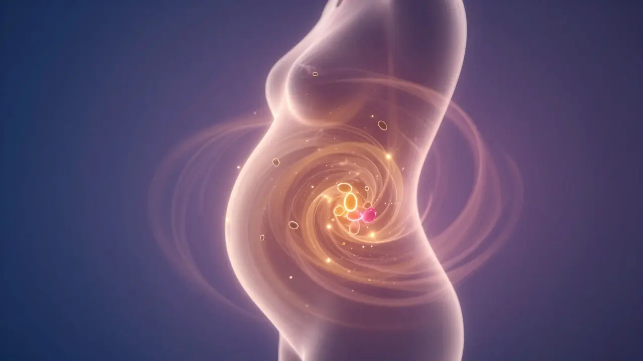 Abstraktní vizualizace hormonální rovnováhy a uvolnění endorfinů