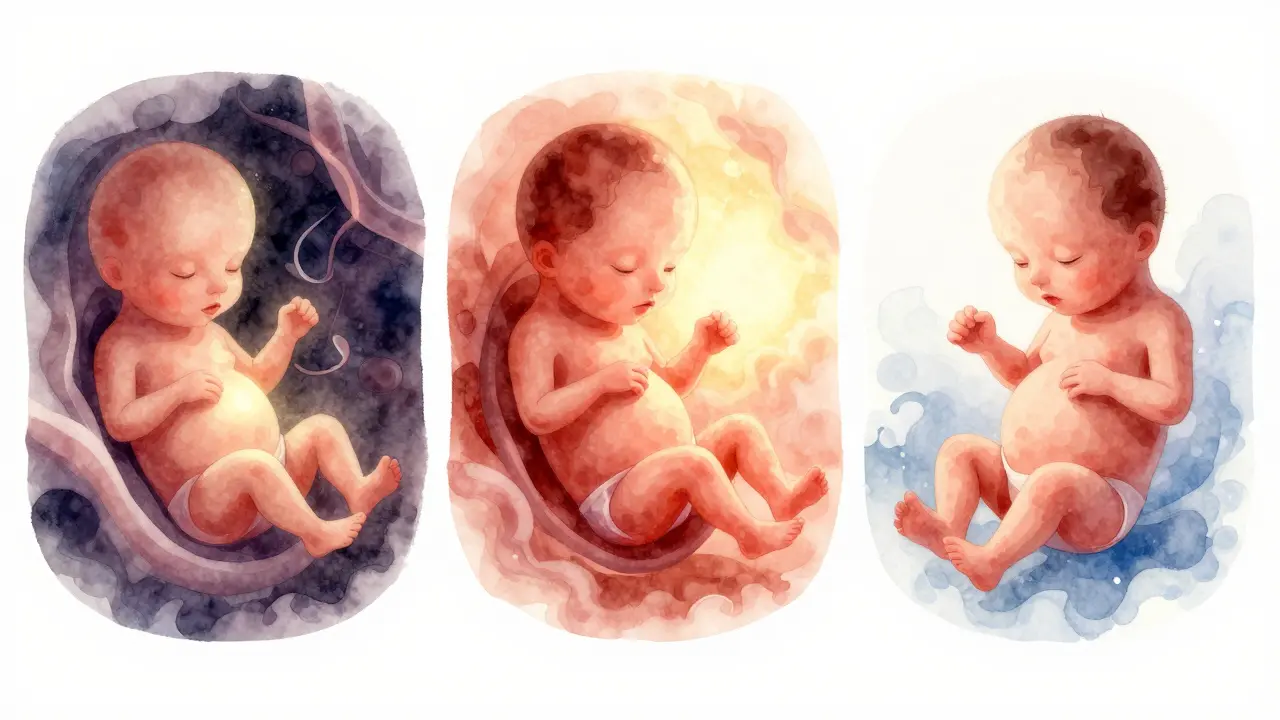 Ilustrace klesajícího rizika potratu během tří trimestrů těhotenství.