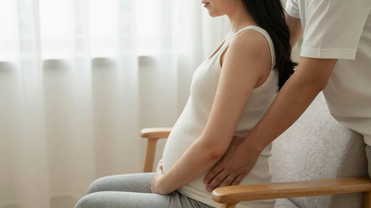 Partner jemně masíruje záda těhotné ženy v intimním domácím prostředí