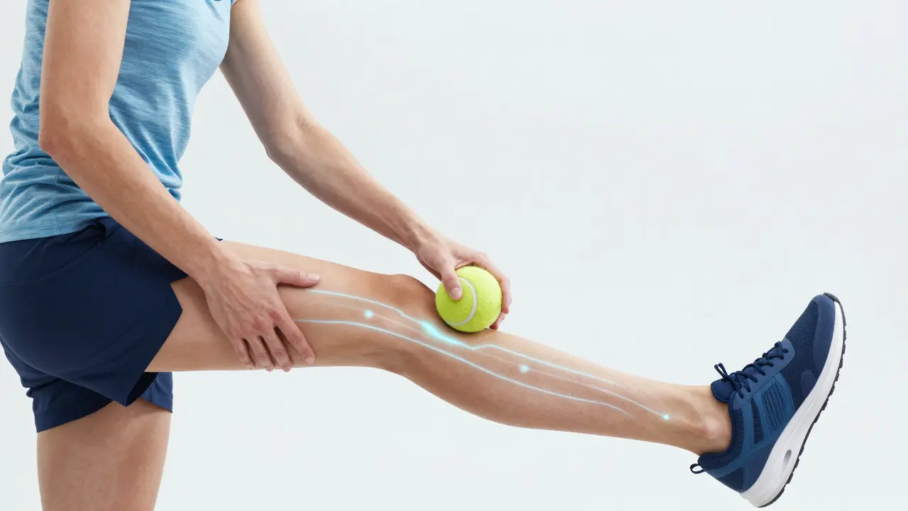 Sportovec protahuje sval s pomocí tenisového míčku na uvolnění