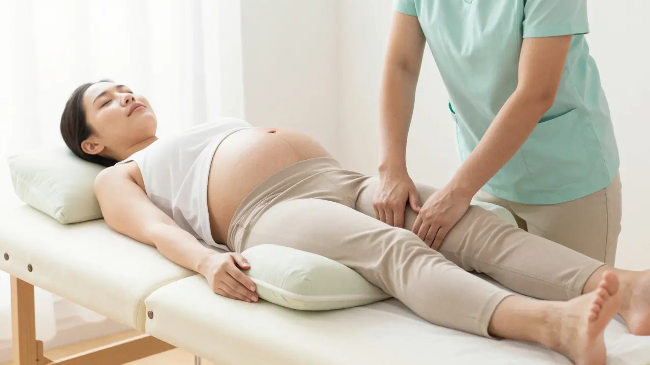 Těhotenská masáž na boku s polštáři pro bezpečnou relaxaci.