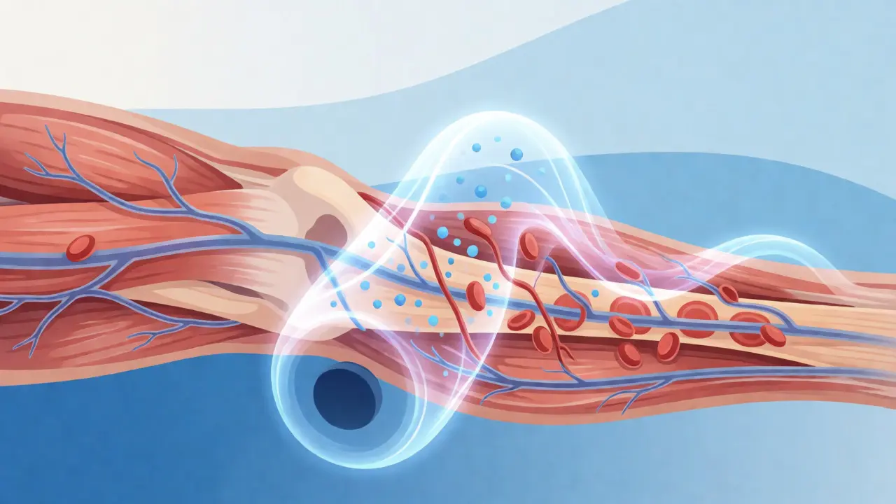 Ilustrace mechanického působení masážního válce na uvolnění svalové fascie a podporu lymfatické drenáže.