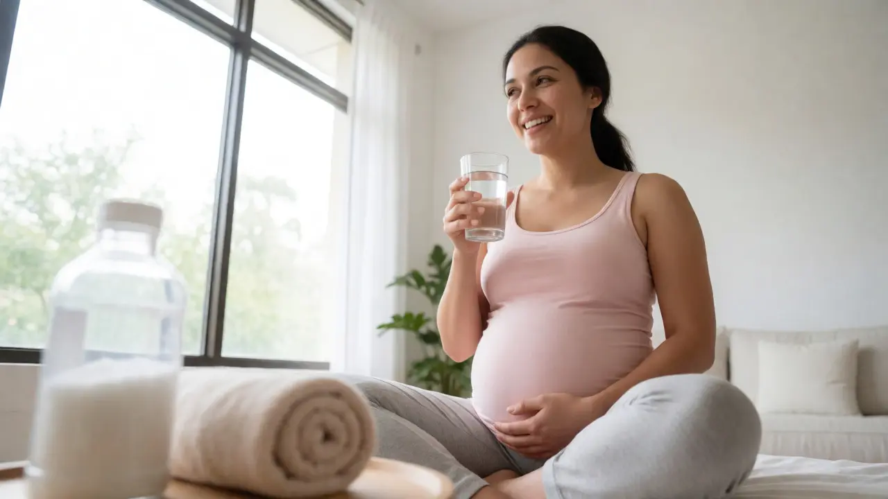 Relaxed pregnant woman drinking water after a soothing prenatal massage session.