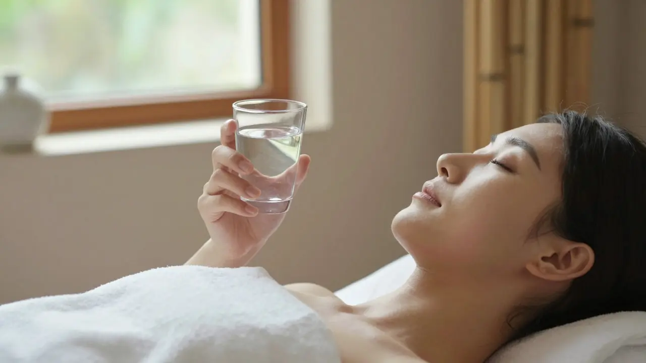 Relaxovaná osoba pije vodu po masáži pro detoxikaci organismu