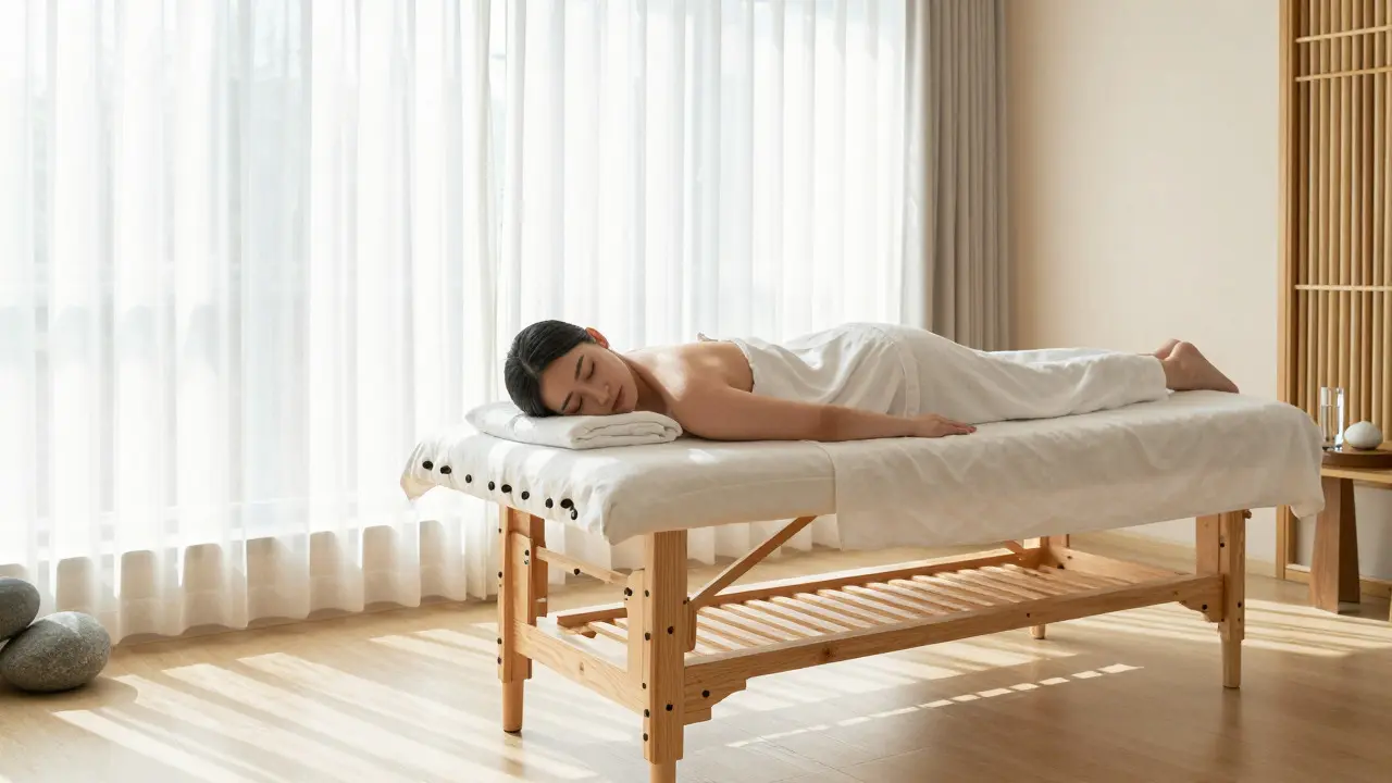 Relaxovaný klient ležící na masážním stole v minimalistickém centru tradiční čínské medicíny