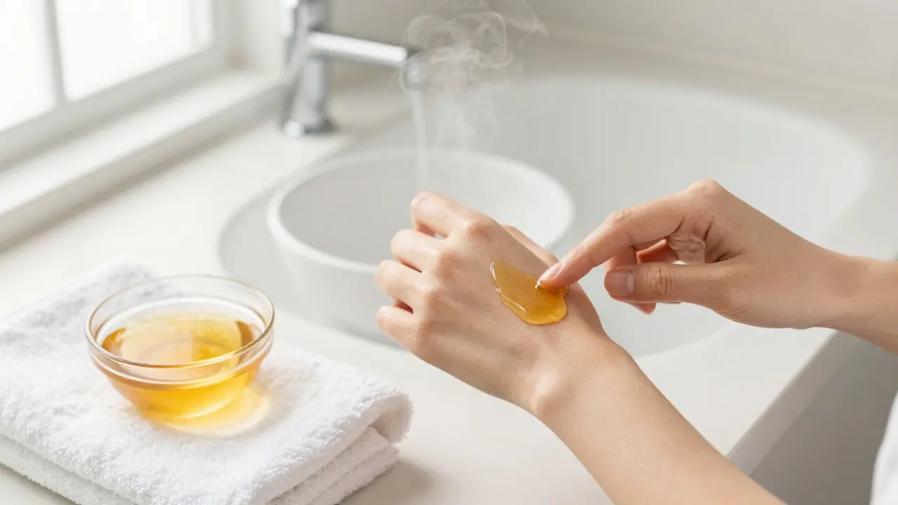 Ruce nanášejí med na vlhkou kůži jako součást domácí péče o pleť