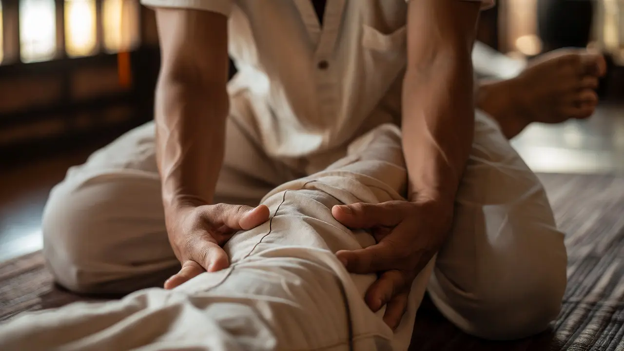 Close-up of a passive stretching technique during Thai massage.