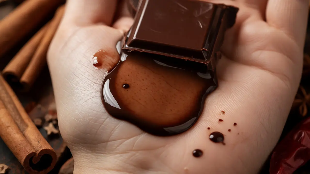 Detailní záběr na tání kakaového másla na pokožce obklopené skořicí a chilli papričkami pro stimulaci cirkulace.