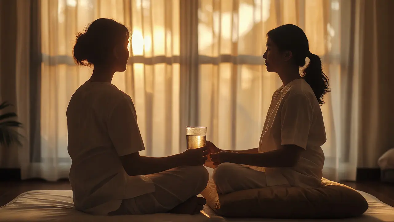 Person relaxing with water after a Thai massage session.