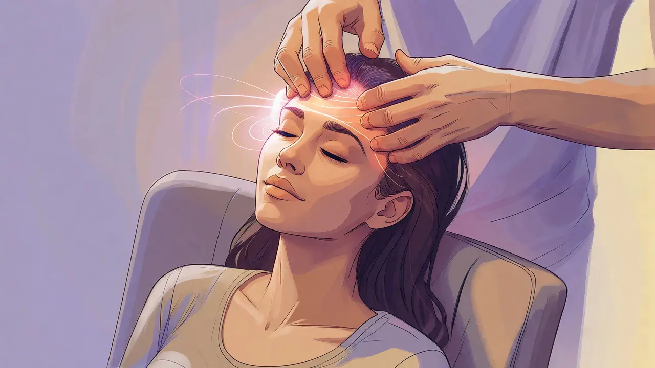 Relaxující žena s masáží spánků a čela, vizualizace uvolnění napětí.