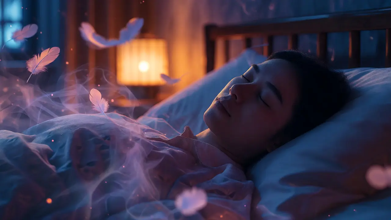 Person sleeping peacefully in a dim room, symbolizing stress relief and deep rest.