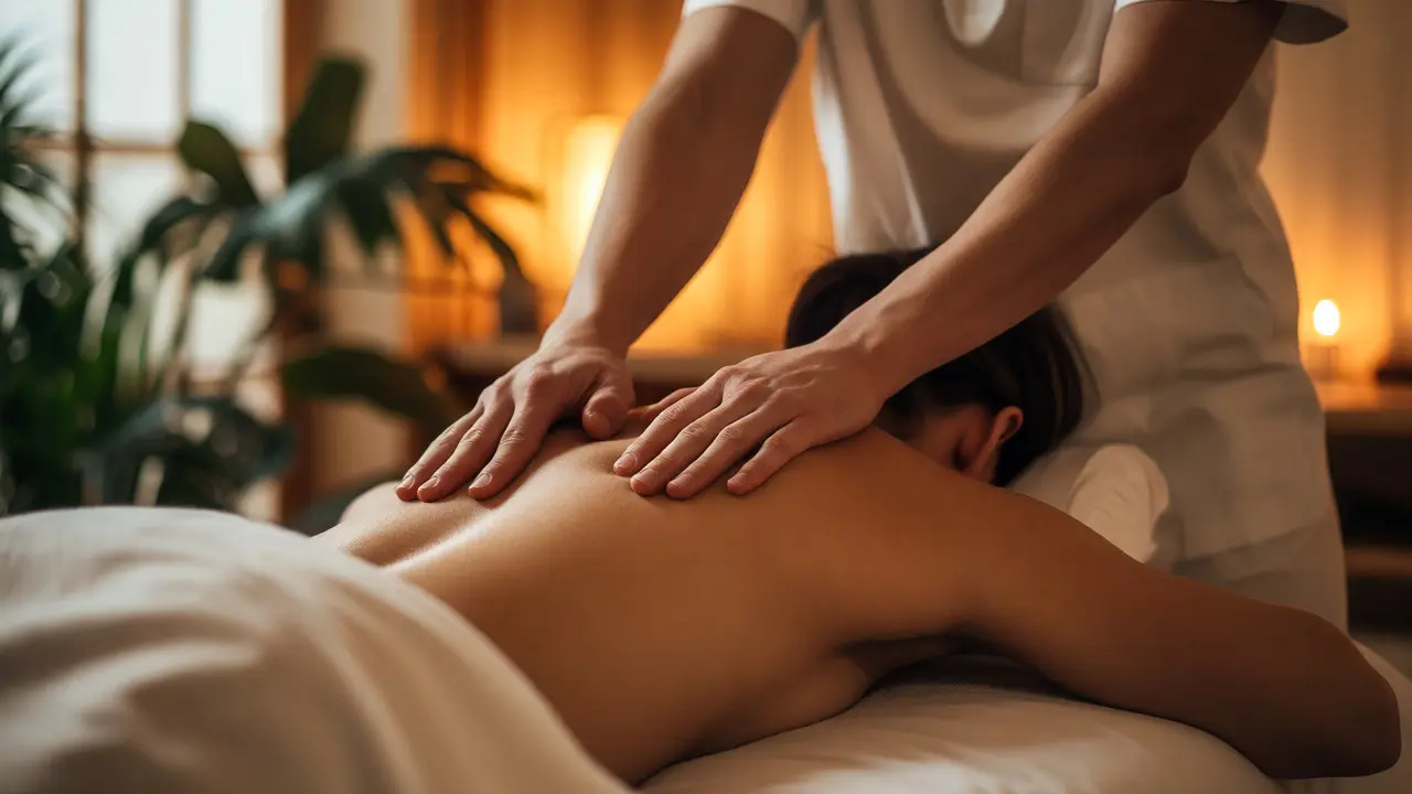 Therapist performing Tui Na massage on a client's back in a warm, relaxing wellness center.