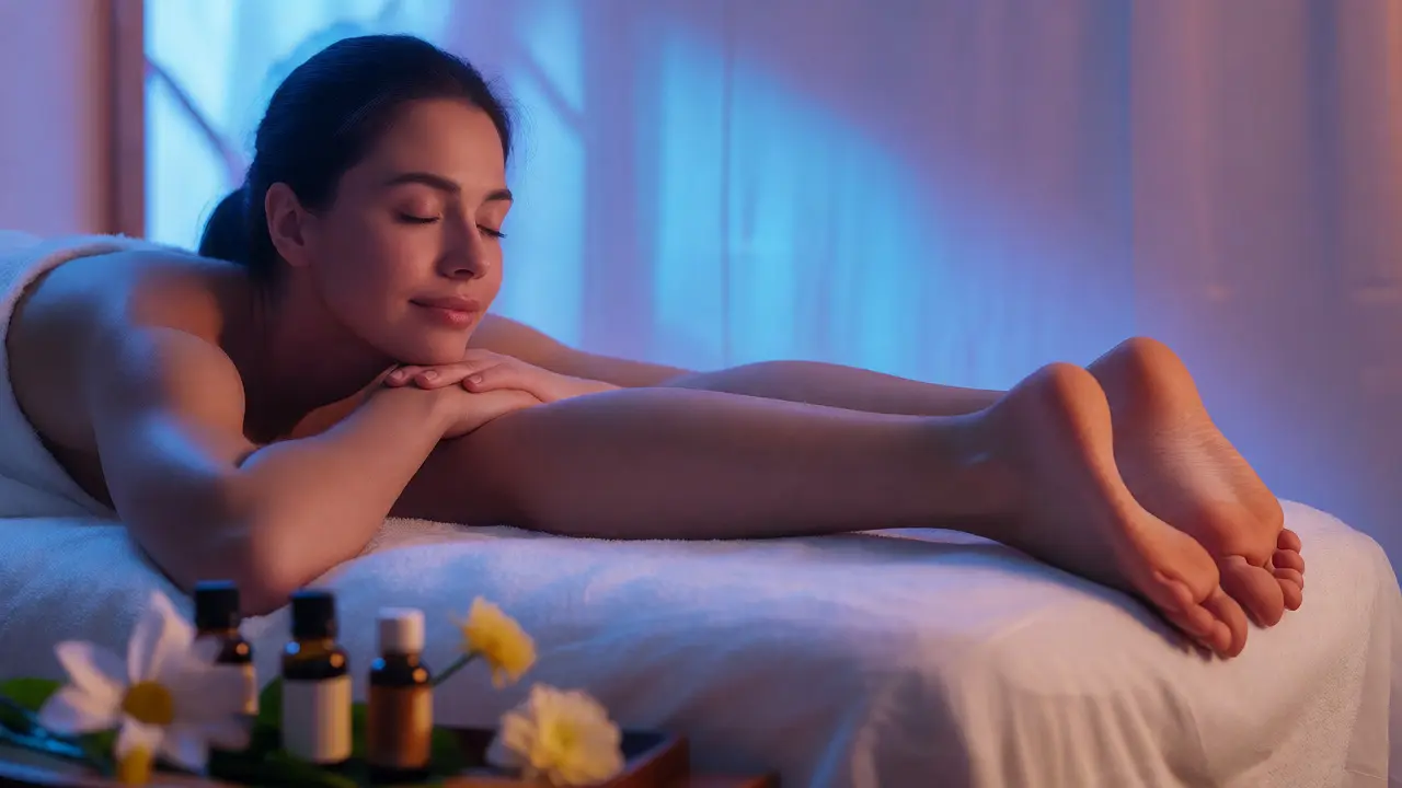 Žena relaxuje při lymfatické masáži nohou ve wellness prostředí, což snižuje otoky.